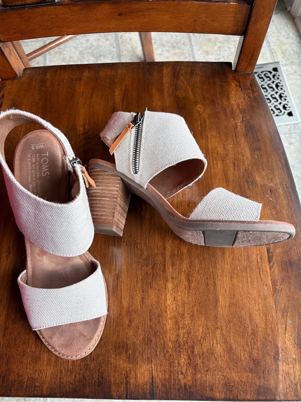 TOMS Neutral Canvas Block Heel Sandals in Beige